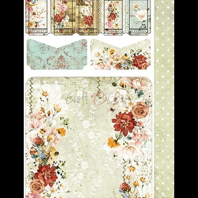 Papel decorativo floral com etiquetas e recortes para scrapbooking em tons beges e coloridos.