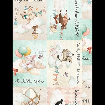 Papel de parede infantil com desenhos de coelhos, ursinhos e balões em tons pastel e textos em inglês e polaco