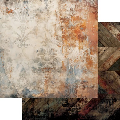 Papel de parede vintage com padrões florais e geométricos em tons bege, laranja e azul