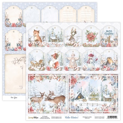 Folhas de papel decorativo para scrapbooking com tema de Natal e inverno, com animais e etiquetas para mensagens.