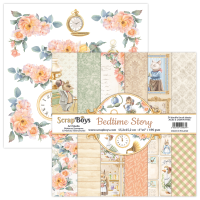 Folhas para scrapbook temática Bedtime Story com ilustrações de flores, relógios e animais vestidos.