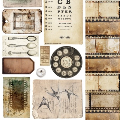 Colagem de elementos vintage em tons sépia com pássaros, postais, tabela de visão, filme fotográfico e objetos antigos.