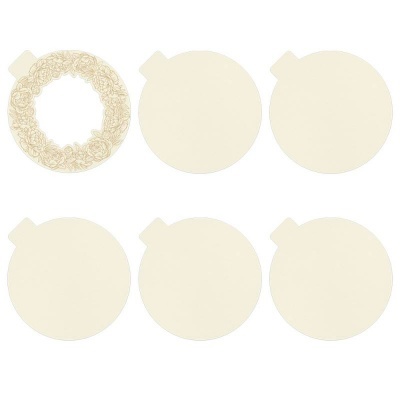 Seis cartões redondos creme, um com padrão floral e outros lisos