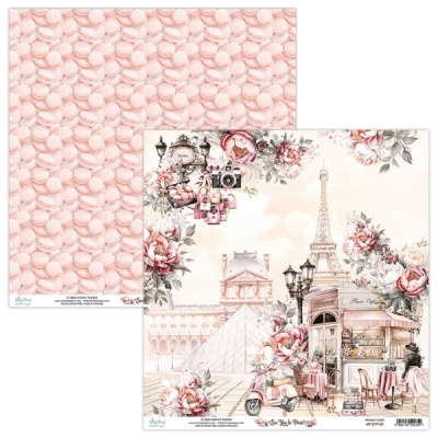 Papel decorativo com macarons rosa e ilustração de café parisiense com Torre Eiffel e flores