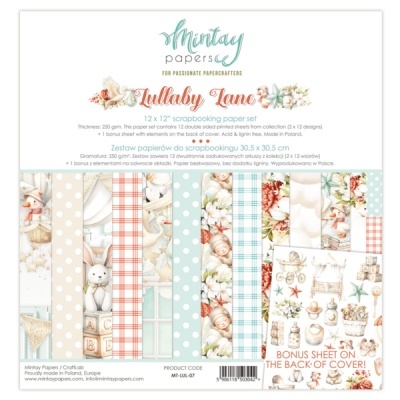 Conjunto de papel para scrapbook 'Lullaby Lane' com padrões infantis e pastel.