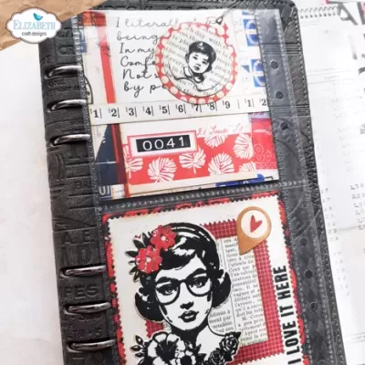 Álbum ou organizador com cartões decorativos vintage em preto, branco e vermelho