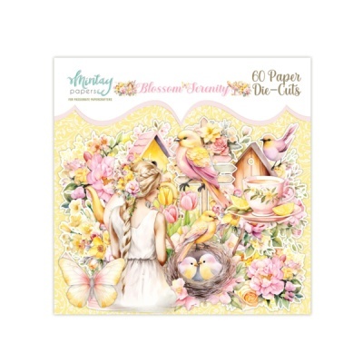 Conjunto de 60 die-cuts de papel com temas florais e pássaros em tons pastel.