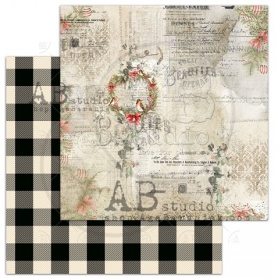 Papel de scrapbook com padrão floral e texto de um lado e padrão xadrez preto e bege do outro.