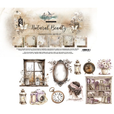 Coleção de artesanato Vintage com elementos decorativos e papéis com padrões em tons creme e bege