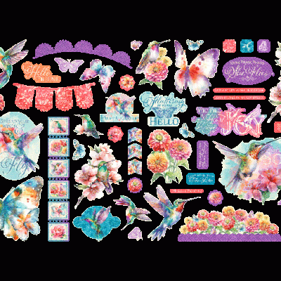 Autocolantes decorativos com flores, borboletas, beija-flores e textos em tons pastéis.