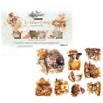 Papel decorativo e ilustrações com temas de outono, abóboras e pessoas numa mesa