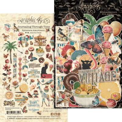 papeis decorativos Graphic 45 Journaling Through Time com recortes variados vintage e coloridos