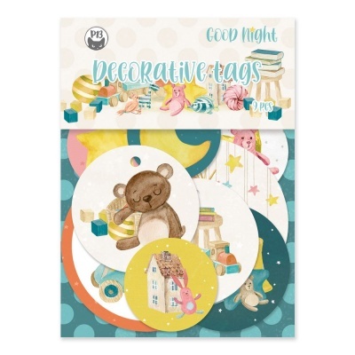 Etiquetas decorativas redondas com desenhos infantis e embalagem com texto Good Night DECORATIVE tags 8 PCS