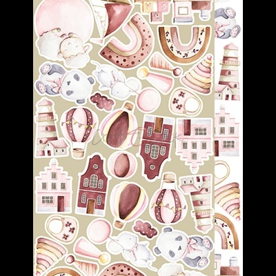 Adesivos infantis com desenhos de ovelhas, brinquedos e casas em tons suaves