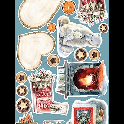 Adesivos variados com temas natalícios, incluindo corações, laranjas, ursos polares, chaminé, porta vermelha, patins, balança, caixas de correio e presentes.