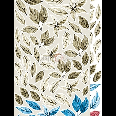 Padrões de folhas desenhadas em verde, bege, azul e vermelho sobre fundo claro