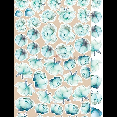 Folha de autocolantes de flores azul-esverdeadas em fundo bege.