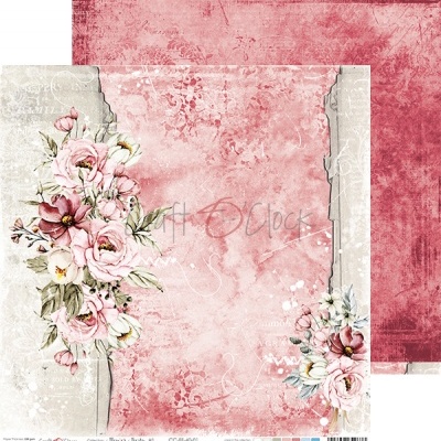 Papel scrapbooking floral vintage rosa com texto e verso vermelho texturizado