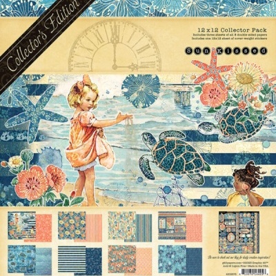 Pacote de papel decorativo para scrapbooking com ilustrações marinhas e infantis em azul e laranja