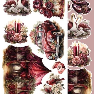 Ilustrações decorativas vintage com sapatos, flores, cisnes, velas e carro antigo em tons vermelhos e creme