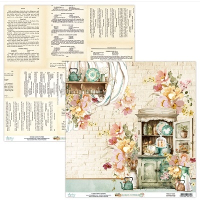 Papel decorativo para scrapbook com padrão de armário antigo e flores sobre fundo de tijolos.