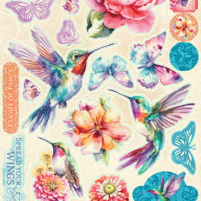 Conjunto de autocolantes coloridos com borboletas, flores, beija-flores e textos em inglês