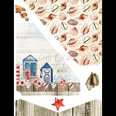 Padrões de conchas, casas de praia, estrela do mar e textura de madeira