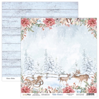 Papel de scrapbooking dupla face com cena de inverno e padrão de tábuas de madeira azul
