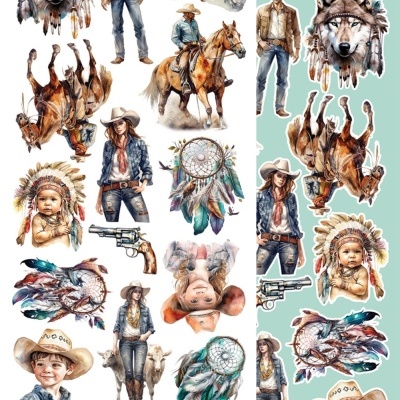 Ilustrações western e nativo americano com lobos, cowboys, índios, cavalos, pistolas e filtro dos sonhos.