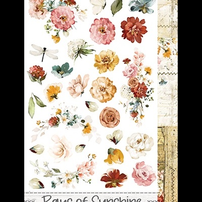 Adesivos decorativos de flores e borboletas coloridas sobre fundo branco com etiqueta inferior