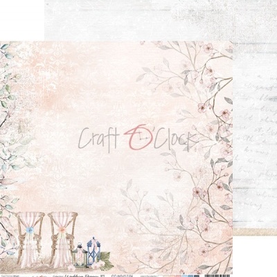 Papel decorativo scrapbooking floral em tons pastel com texto 'Craft O'Clock' e elementos gráficos delicados