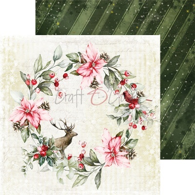 Papel scrapbook com coroa floral, veado e verso verde listrado dourado