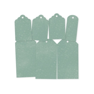 Oito etiquetas verdes com padrão floral e furo para pendurar