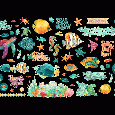 Autocolantes de animais marinhos e frases coloridas sobre fundo preto