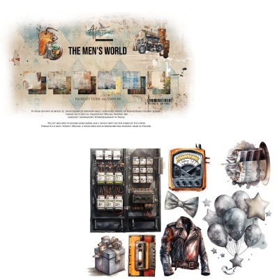 Colagem de elementos masculinos e industriais sobre fundo branco, incluindo quadro elétrico, medidor analógico, jaqueta de couro preta, laços, balões e presente.