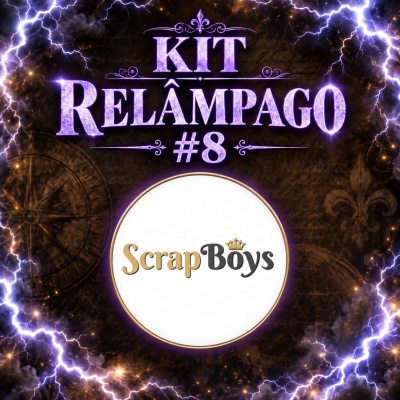 Fundo escuro com relâmpagos e texto KIT RELÂMPAGO #8 e logo ScrapBoys