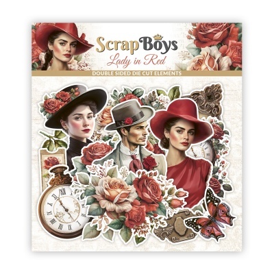 Conjunto com figuras de homens e mulheres com chapéus e rosas, incluindo relógio e borboleta, com texto Scrap Boys Lady in Red.