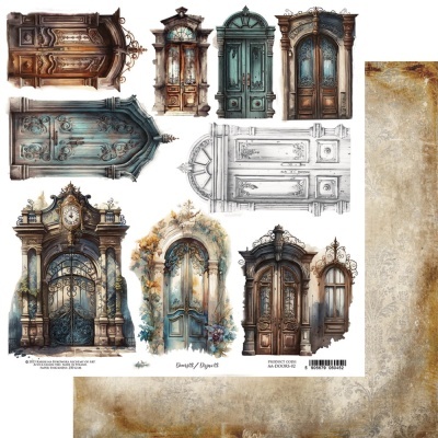 Molduras decorativas de portas clássicas com texturas em madeira e metal em fundo bege envelhecido