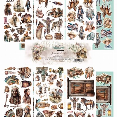 Ilustrações recortáveis do Velho Oeste com cowboys, índios, animais e objetos temáticos coloridos.