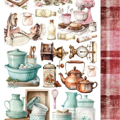 Objetos de cozinha vintage em ilustração com utensílios cerâmicos azuis, batedeiras rosas, balança antiga e padrão xadrez vermelho.