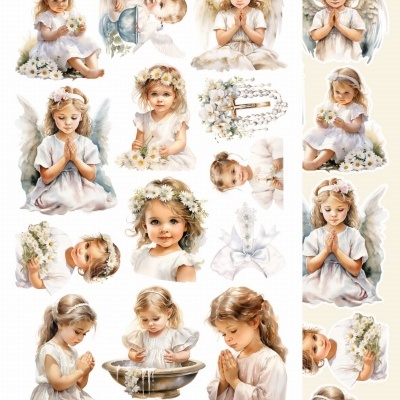 Figuras decorativas de anjos infantis em vestes brancas com coroas de flores