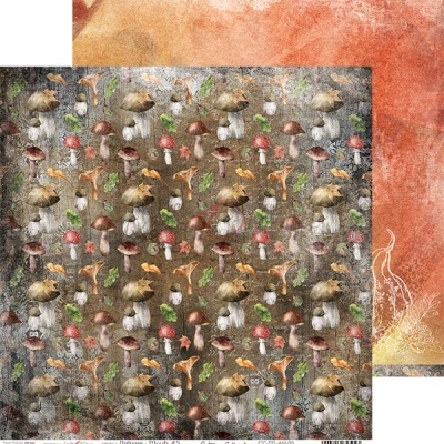 Folha dupla face para scrapbook com padrões de cogumelos e abstracto em tons quentes