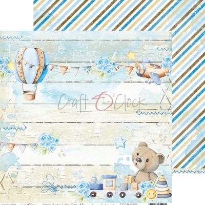 Papel decorativo infantil azul e bege com desenhos de brinquedos e texto