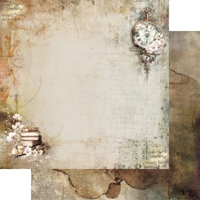Papel decorativo vintage com relógio antigo, livros e flores