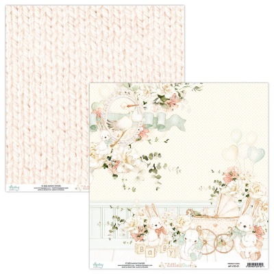 Folhas de papel para scrapbook com padrão de malha rosa e ilustração de coelhos e carrinho de bebé.