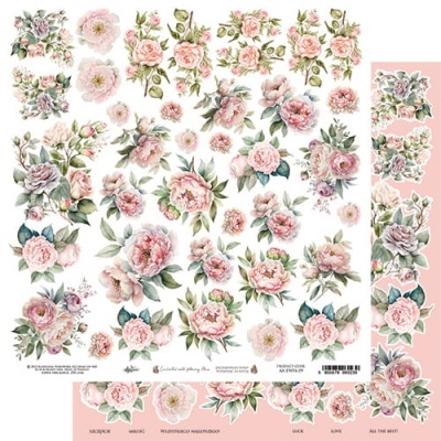 Folha decorativa com flores rosas, brancas e folhas verdes para papel