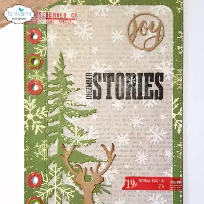 Cartão festivo verde com flocos de neve, árvore, rena e texto DECEMBER STORIES