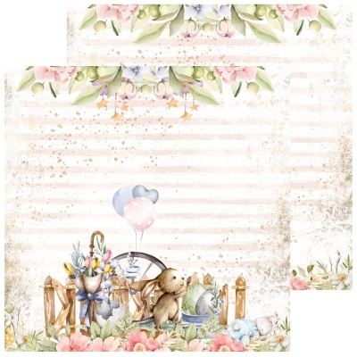 Papel decorativo com flores, ursinho, balões e brinquedos em estilo aquarela