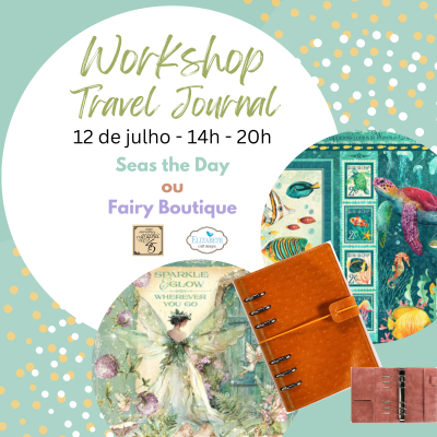 Flyer de workshop Travel Journal com imagens de cadernos temáticos e textos informativos