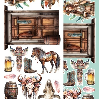 Recortes decorativos western e índio com figuras, crânios, botas, barris e canecas